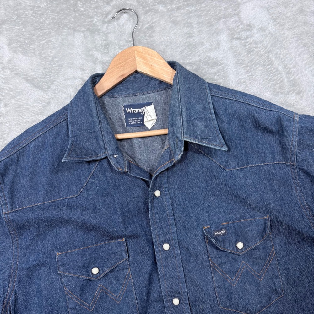 Wrangler Western Shirt Mens 18-34 Blue Denim Pearl Snap Big Man Fit 70127MB USA